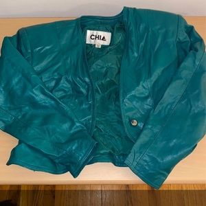 100% Leather Green w/Shoulder Pad Waist Length Jacket